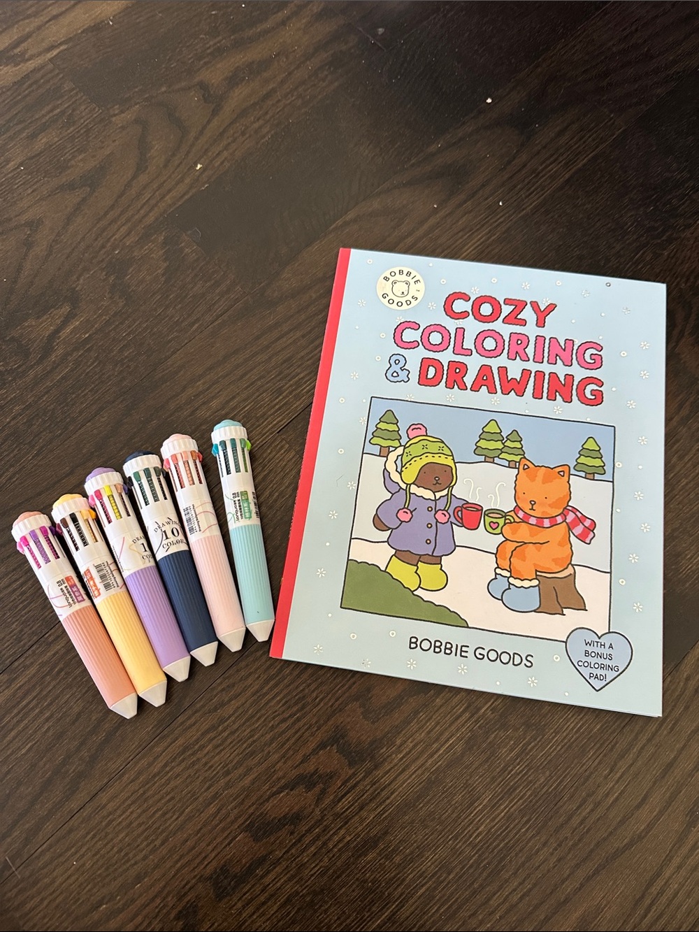 NEW Bobbie Goods Cozy Coloring & Drawing Book with Six Languo 10 Multi Color pen